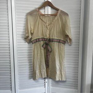 Free People Cream Tie-Waist Boho Babydoll Blouse with Pink & Green Ribbon
